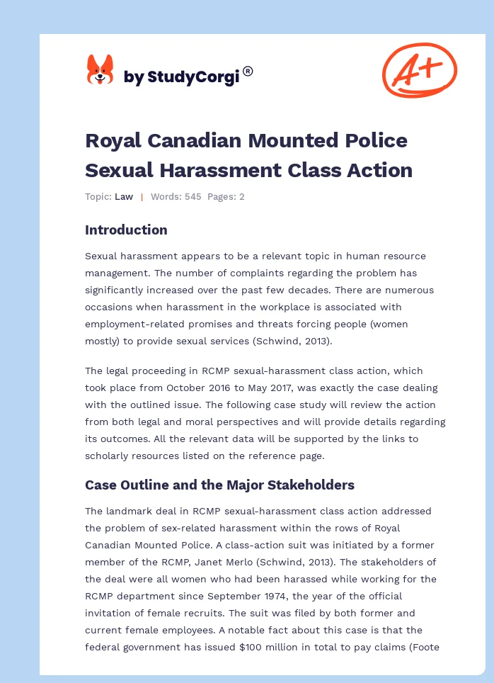 Royal Canadian Mounted Police Sexual Harassment Class Action. Page 1