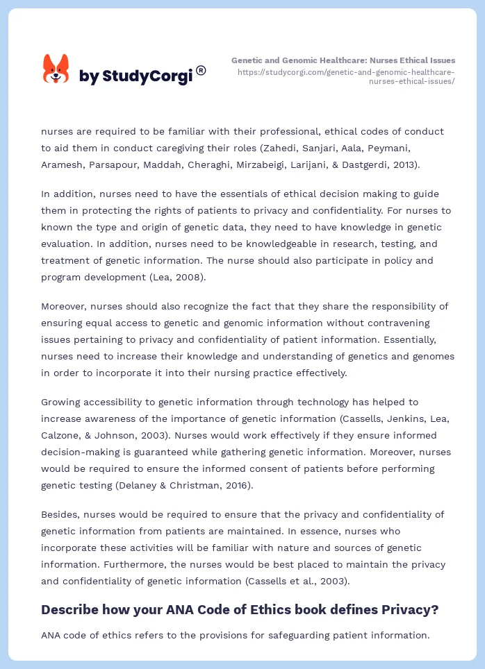 Genetic and Genomic Healthcare: Nurses Ethical Issues. Page 2