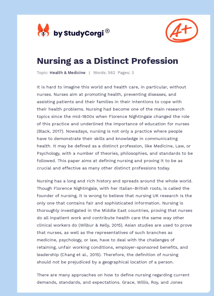 Nursing as a Distinct Profession. Page 1