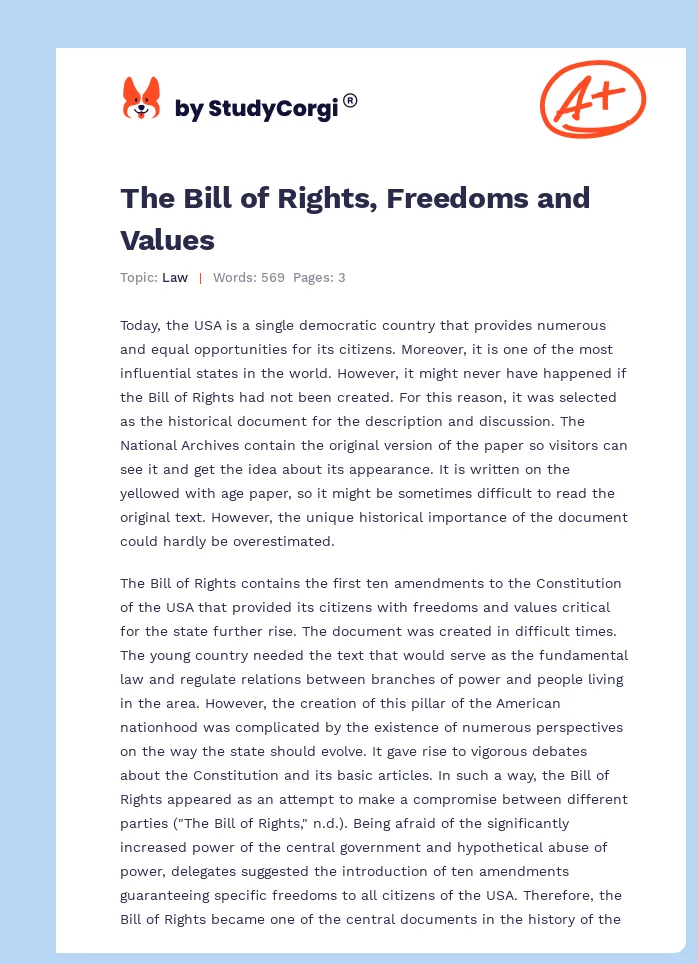 The Bill of Rights, Freedoms and Values. Page 1