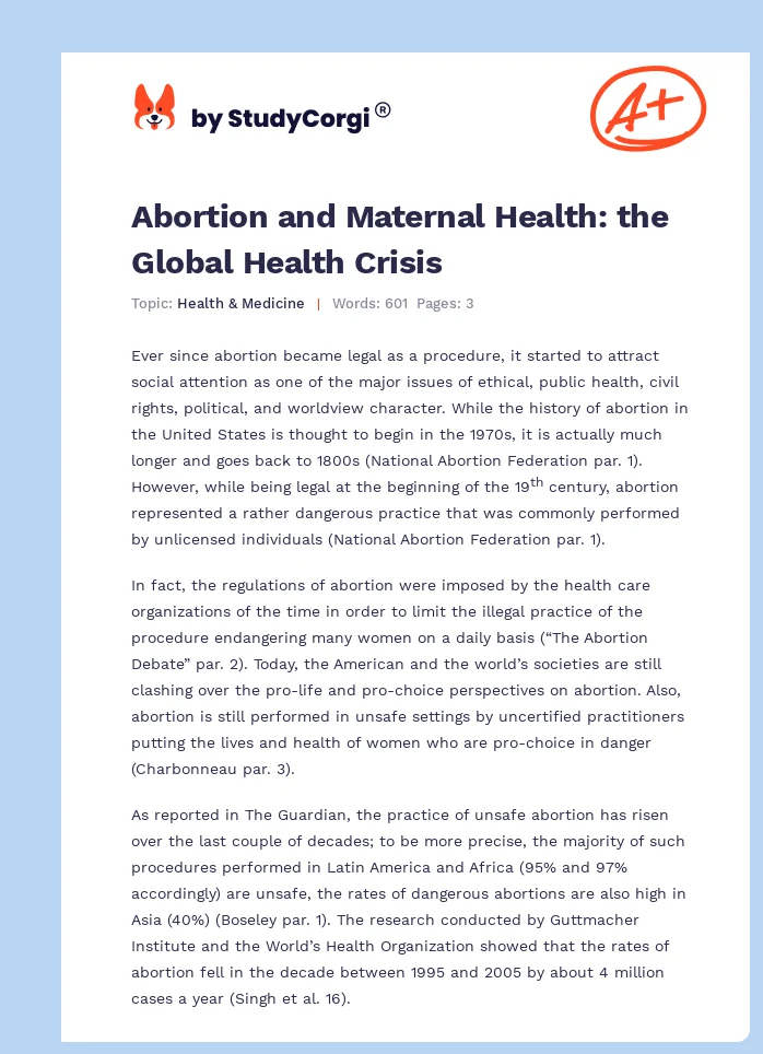 Abortion and Maternal Health: the Global Health Crisis. Page 1