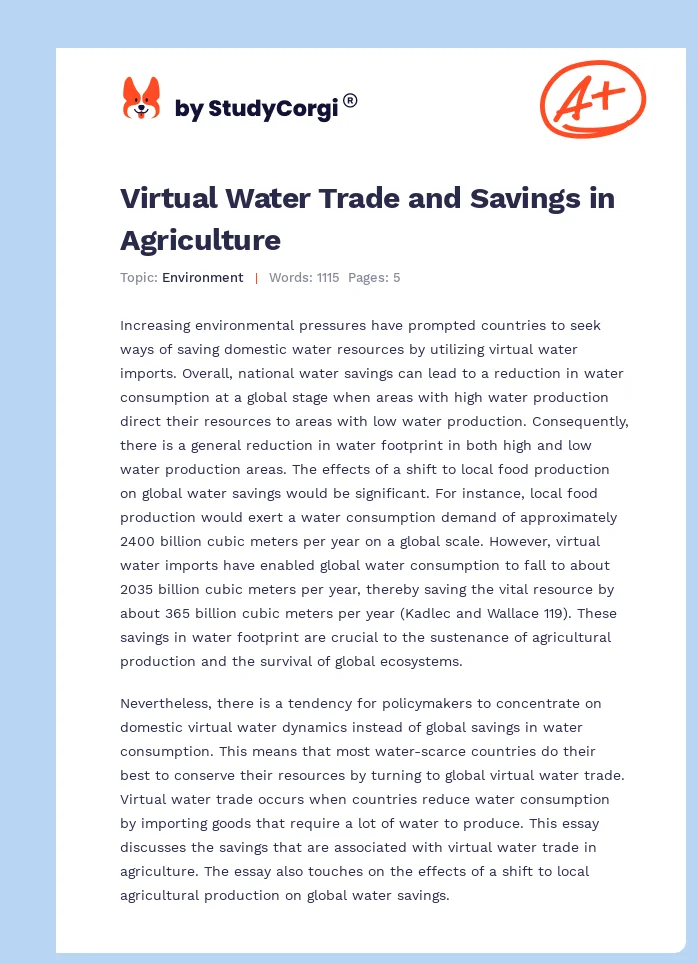 Virtual Water Trade and Savings in Agriculture. Page 1