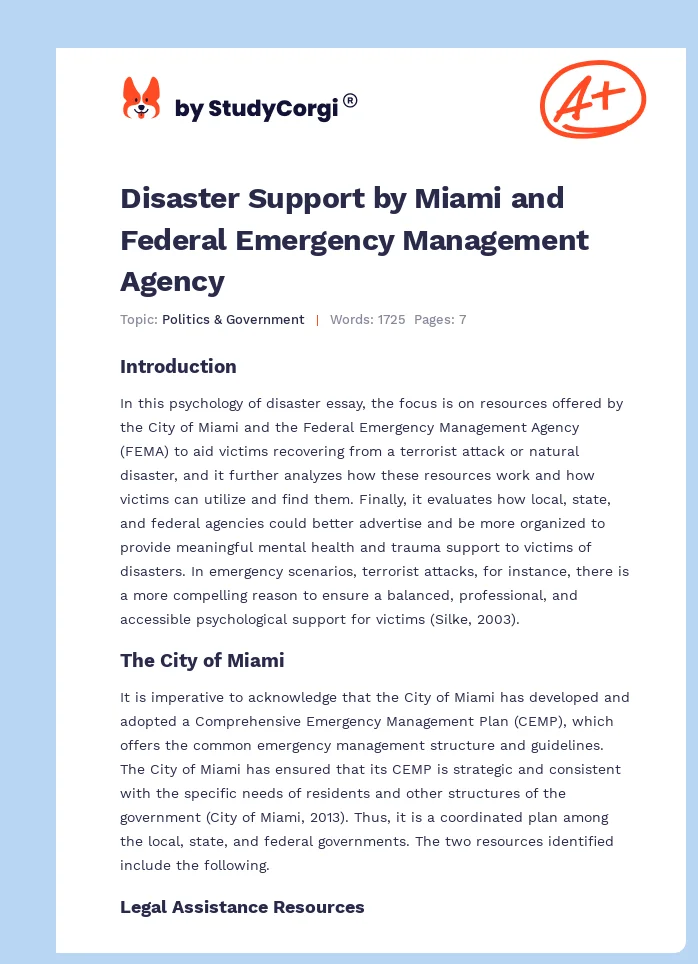 Disaster Support by Miami and Federal Emergency Management Agency. Page 1
