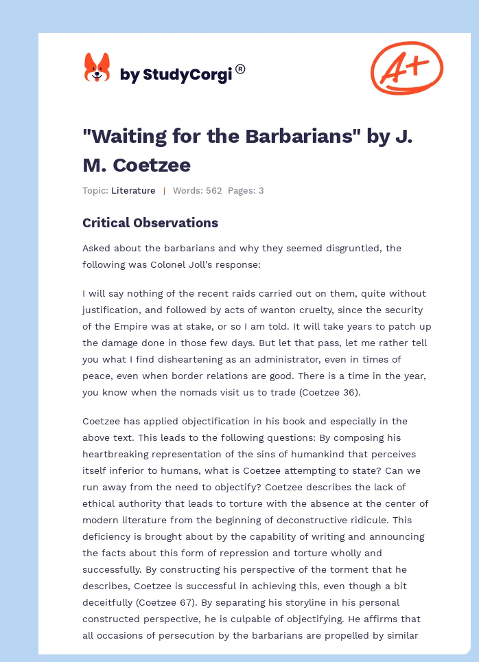 "Waiting for the Barbarians" by J. M. Coetzee. Page 1