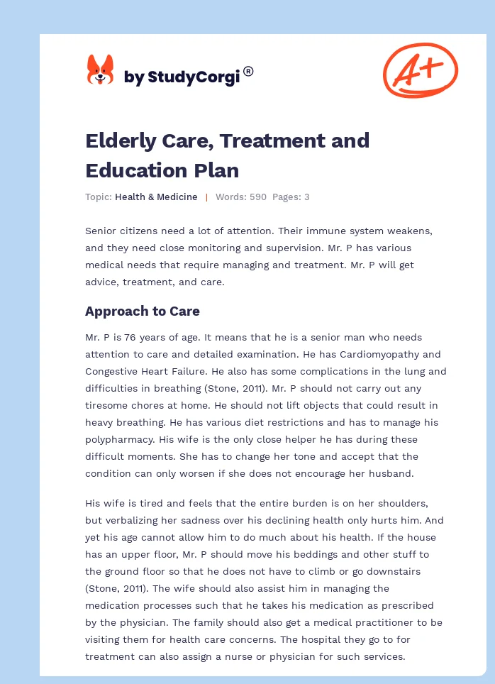 Elderly Care, Treatment and Education Plan. Page 1