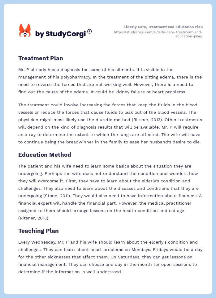 Elderly Care, Treatment and Education Plan. Page 2
