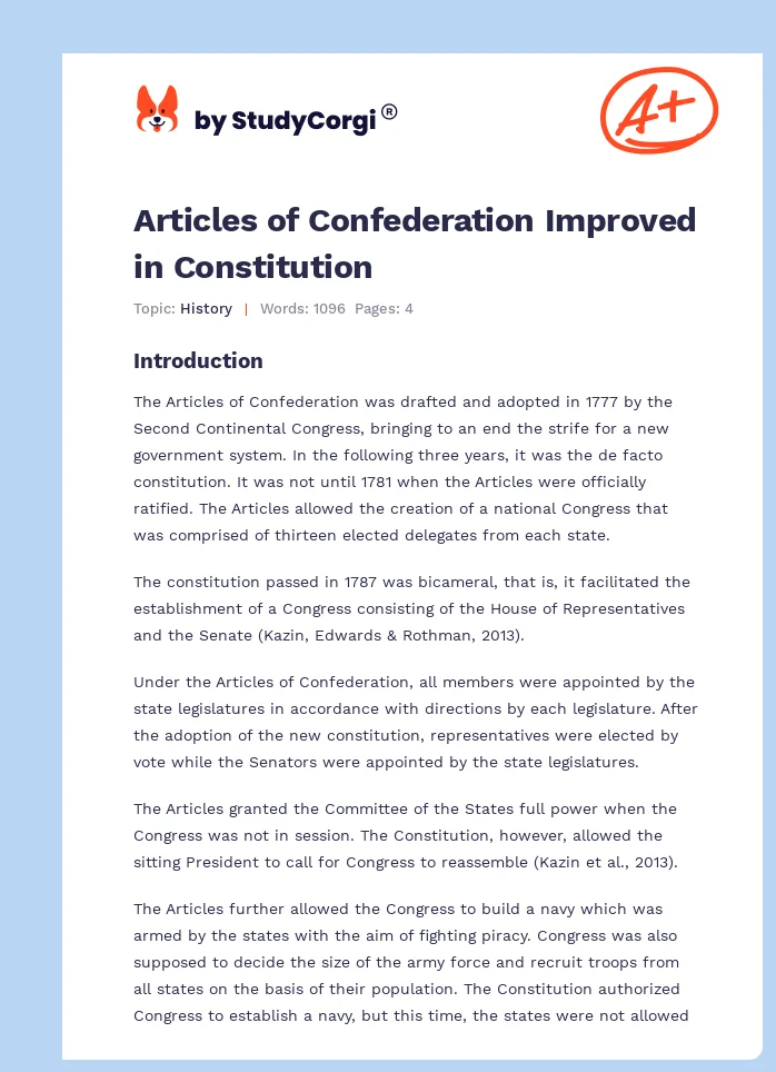 Articles of Confederation Improved in Constitution. Page 1