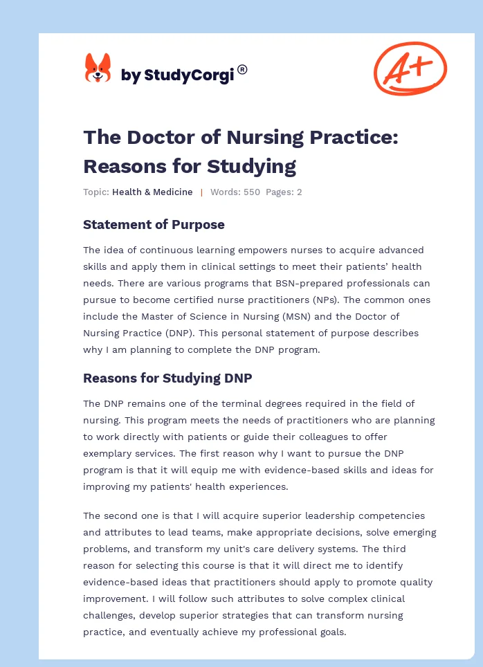 The Doctor of Nursing Practice: Reasons for Studying. Page 1