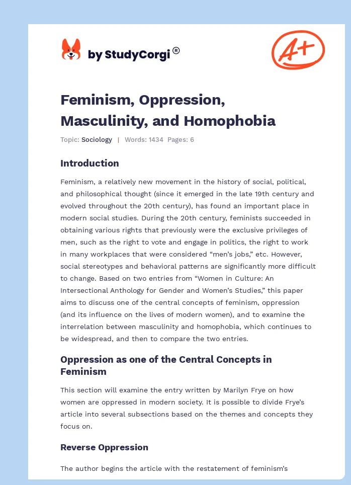 Feminism, Oppression, Masculinity, and Homophobia. Page 1