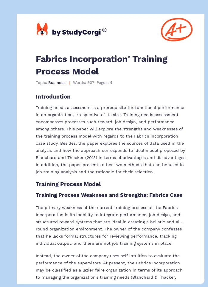 Fabrics Incorporation' Training Process Model. Page 1
