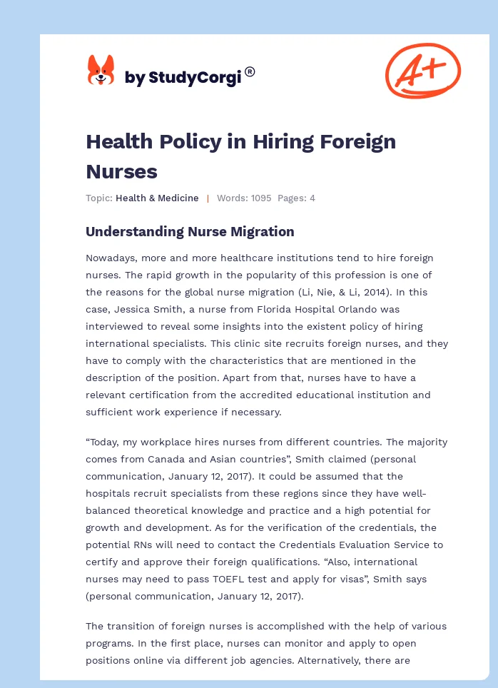 Health Policy in Hiring Foreign Nurses. Page 1