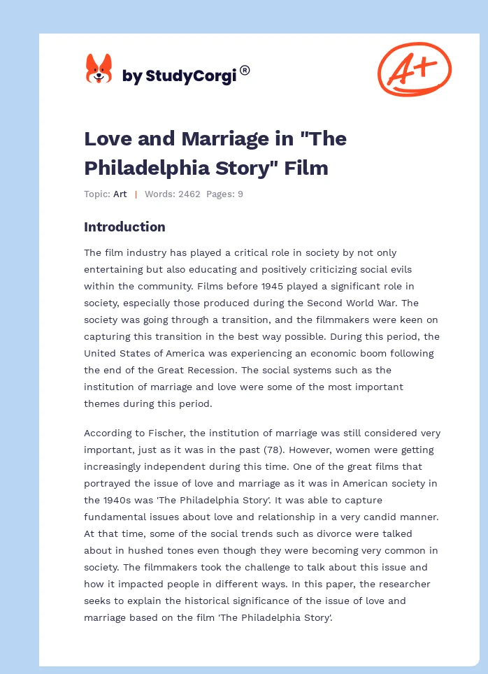 Love and Marriage in "The Philadelphia Story" Film. Page 1