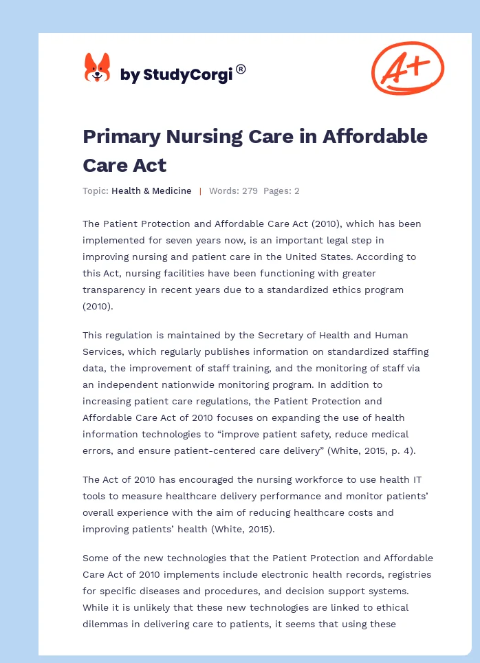 Primary Nursing Care in Affordable Care Act. Page 1