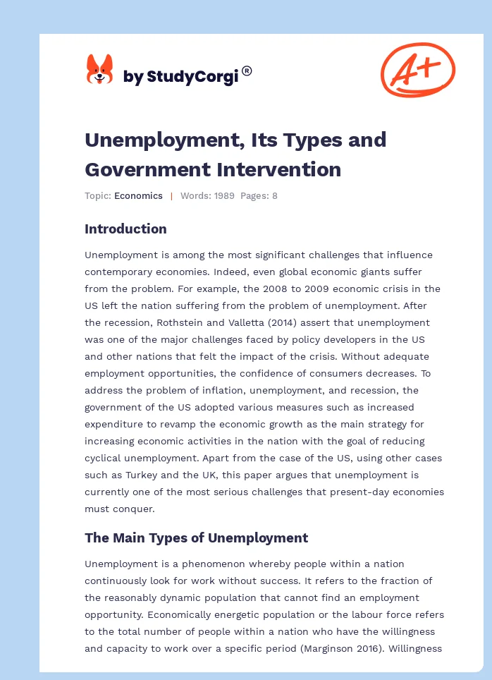 Unemployment, Its Types and Government Intervention. Page 1
