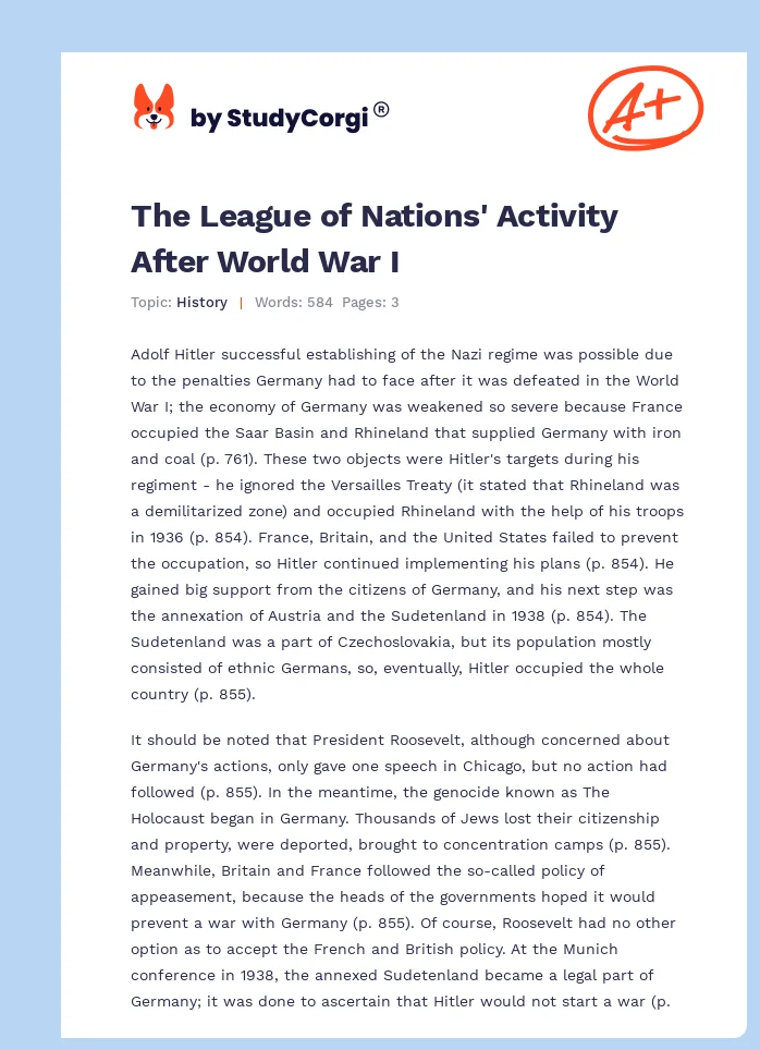The League of Nations' Activity After World War I. Page 1
