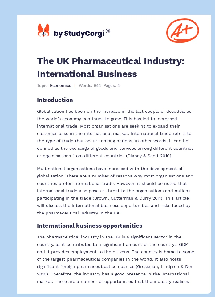 The UK Pharmaceutical Industry: International Business. Page 1