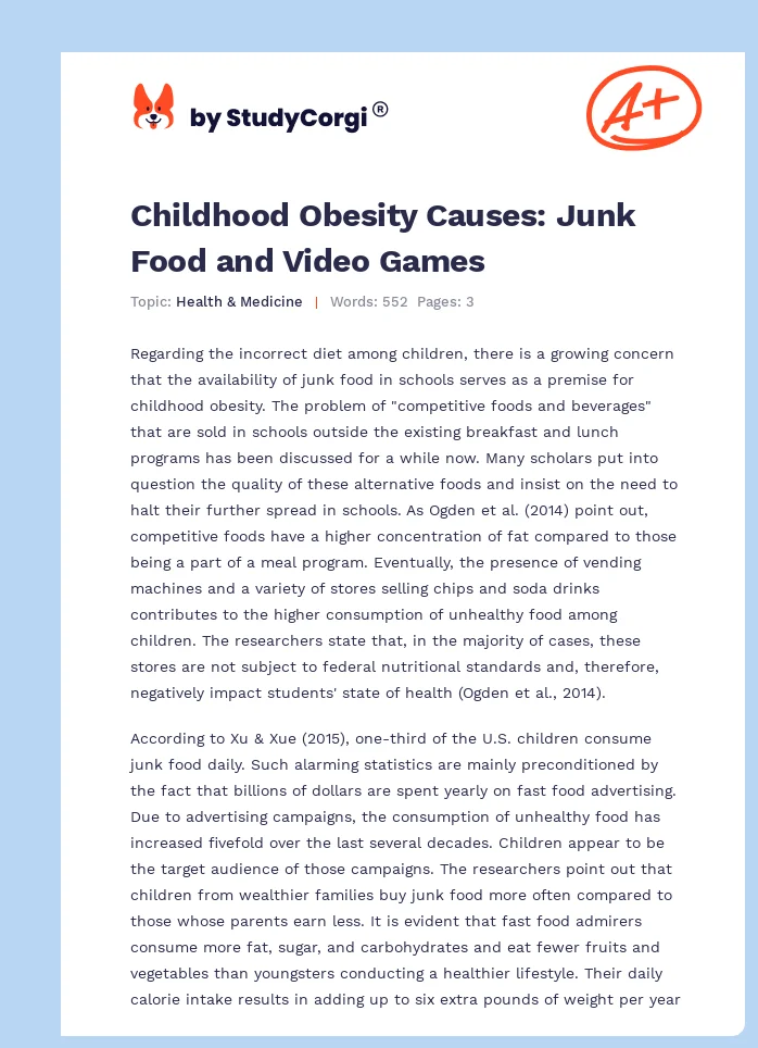 Childhood Obesity Causes: Junk Food and Video Games. Page 1
