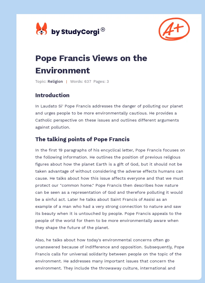 Pope Francis Views on the Environment. Page 1