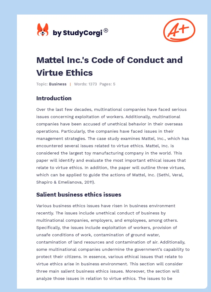 Mattel Inc.'s Code of Conduct and Virtue Ethics. Page 1