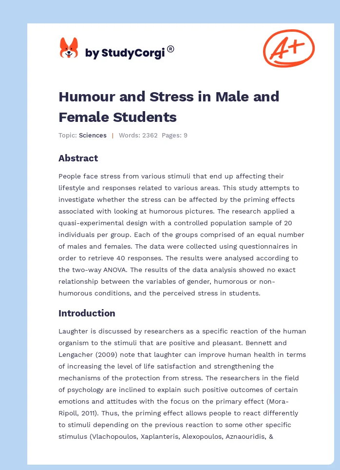 Humour and Stress in Male and Female Students. Page 1
