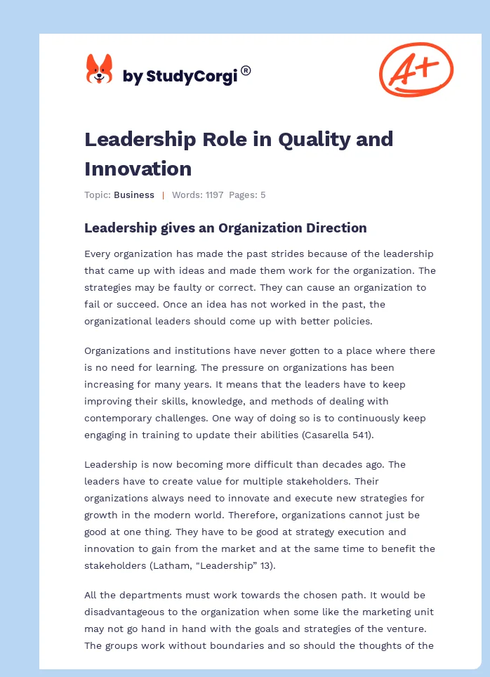 Leadership Role in Quality and Innovation. Page 1
