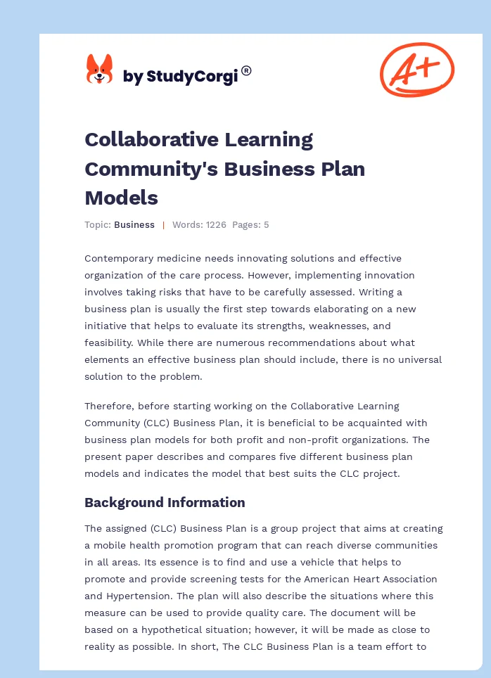 Collaborative Learning Community's Business Plan Models. Page 1