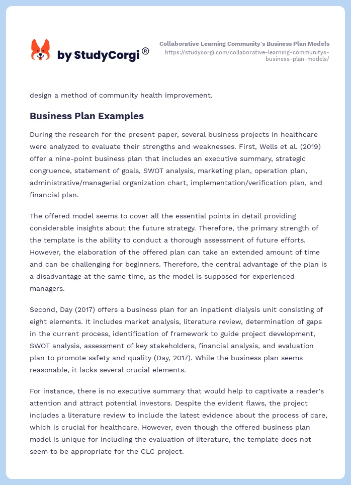 Collaborative Learning Community's Business Plan Models. Page 2