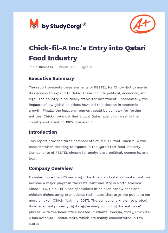 Chick-fil-A Inc.'s Entry into Qatari Food Industry. Page 1