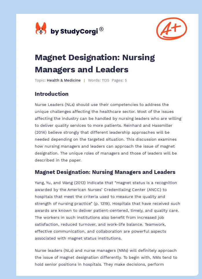 Magnet Designation: Nursing Managers and Leaders. Page 1