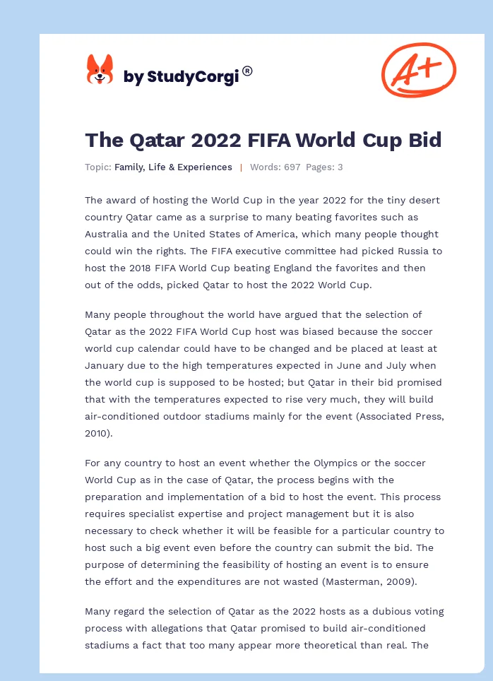 The Qatar 2022 FIFA World Cup Bid. Page 1
