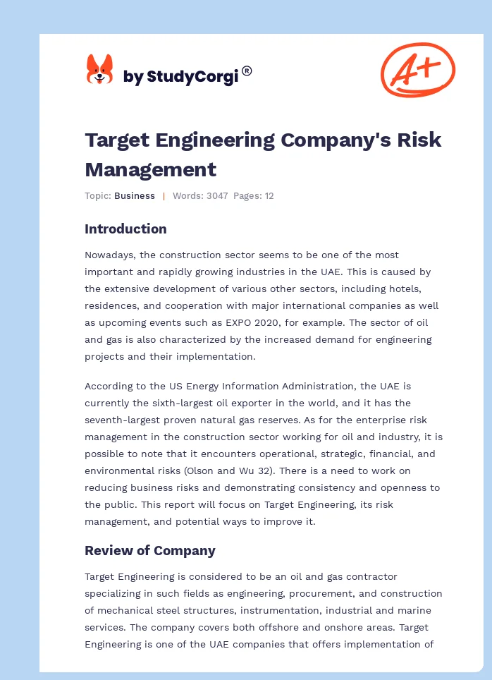 Target Engineering Company's Risk Management. Page 1