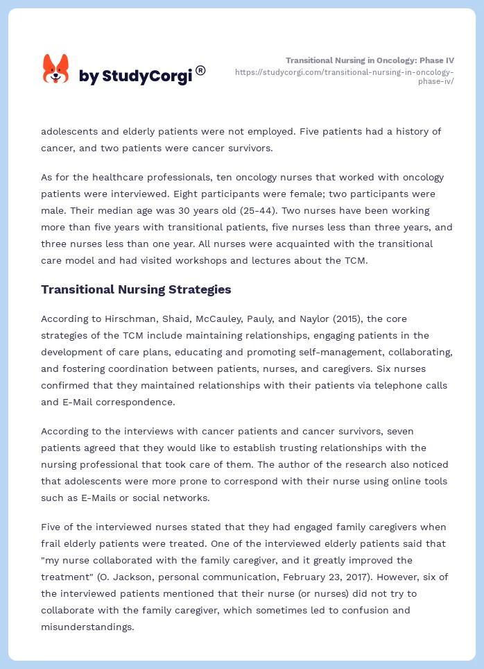 Transitional Nursing in Oncology: Phase IV. Page 2