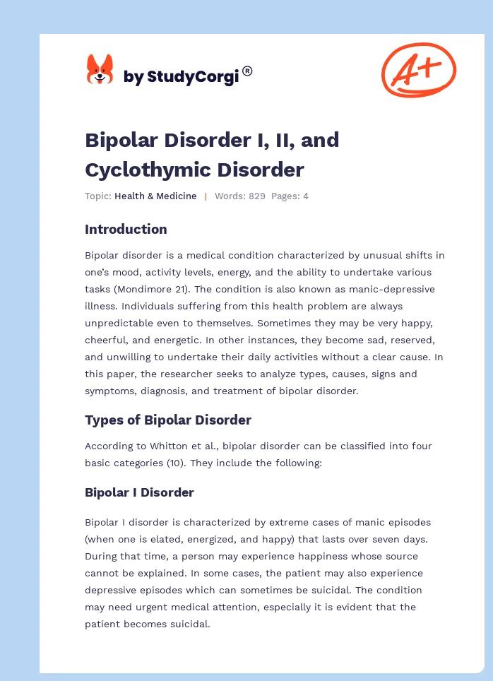Bipolar Disorder I, II, and Cyclothymic Disorder. Page 1