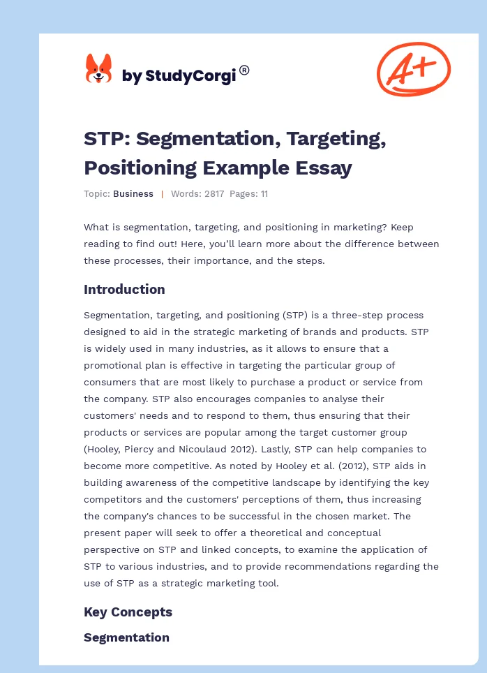 STP: Segmentation, Targeting, Positioning Example Essay. Page 1