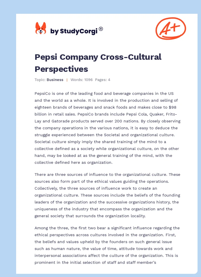 Pepsi Company Cross-Cultural Perspectives. Page 1