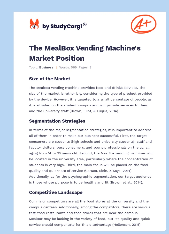 The MealBox Vending Machine's Market Position. Page 1