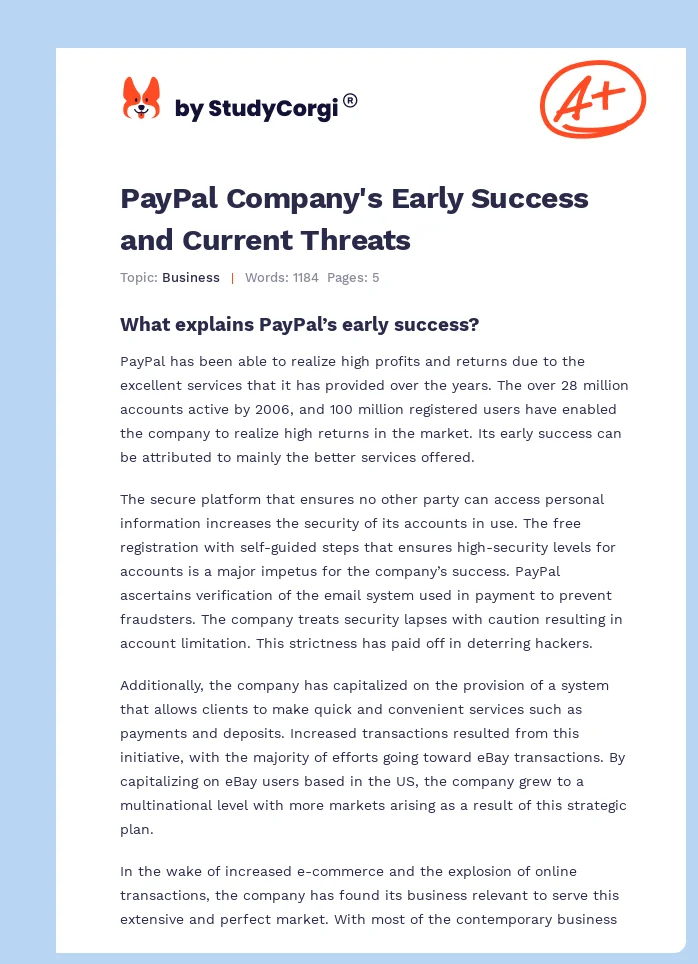 PayPal Company's Early Success and Current Threats. Page 1
