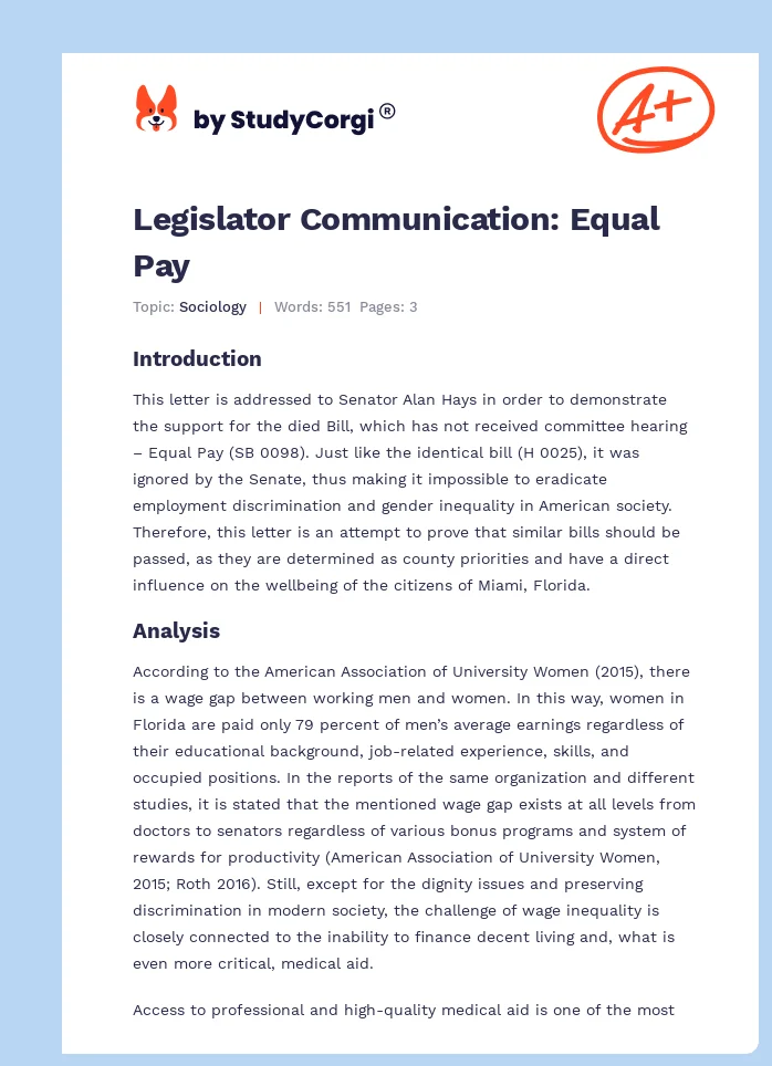 Legislator Communication: Equal Pay. Page 1