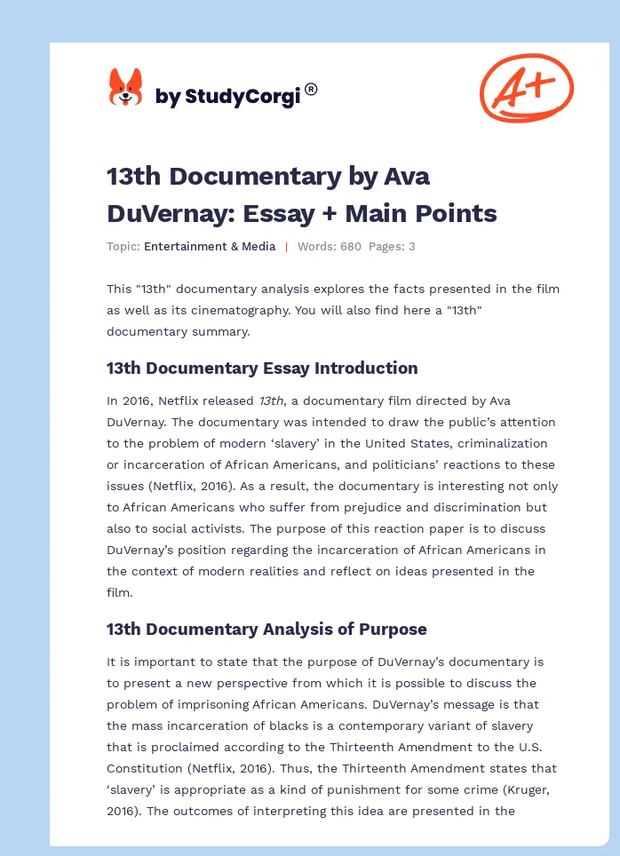 13th Documentary by Ava DuVernay: Essay + Main Points. Page 1