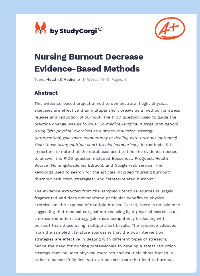 Nursing Burnout Decrease Evidence-Based Methods. Page 1