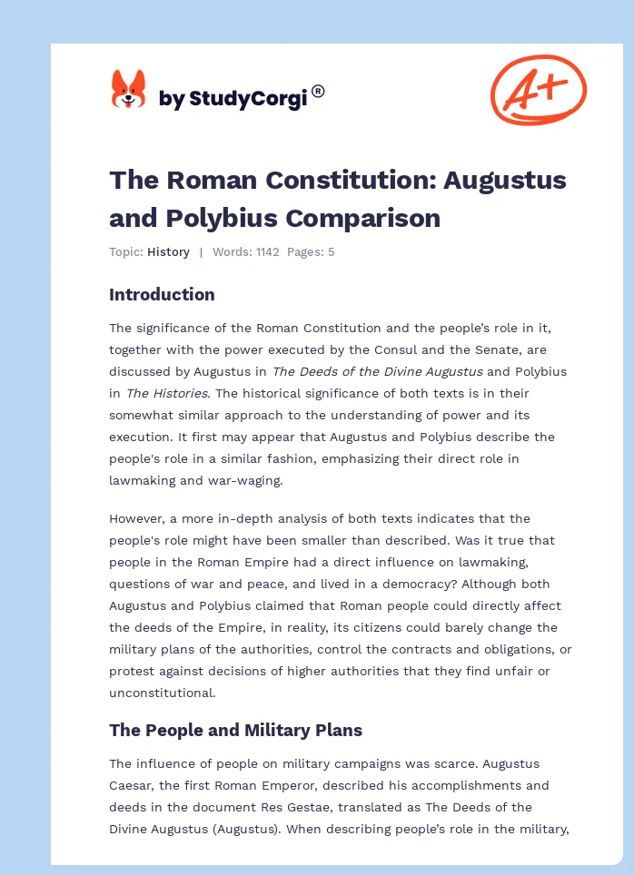 The Roman Constitution: Augustus and Polybius Comparison. Page 1