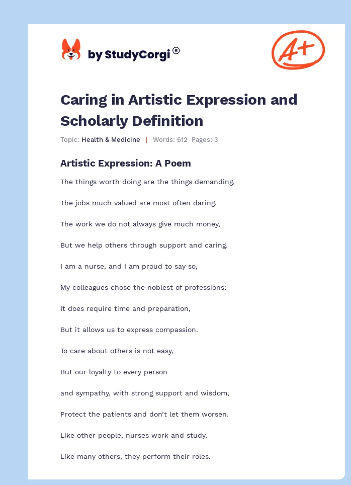 Caring in Artistic Expression and Scholarly Definition. Page 1