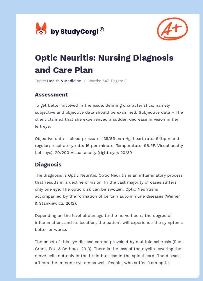 Optic Neuritis: Nursing Diagnosis and Care Plan. Page 1
