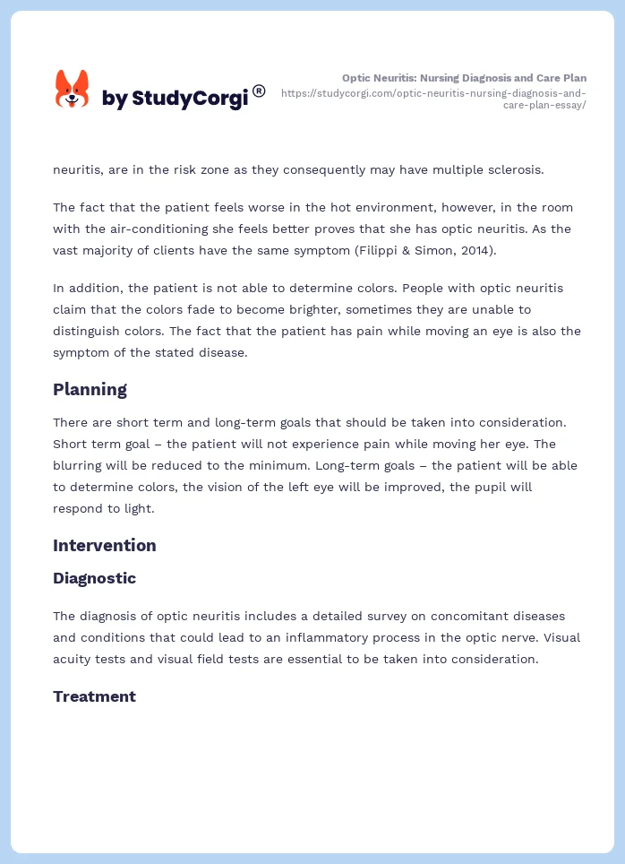 Optic Neuritis: Nursing Diagnosis and Care Plan. Page 2