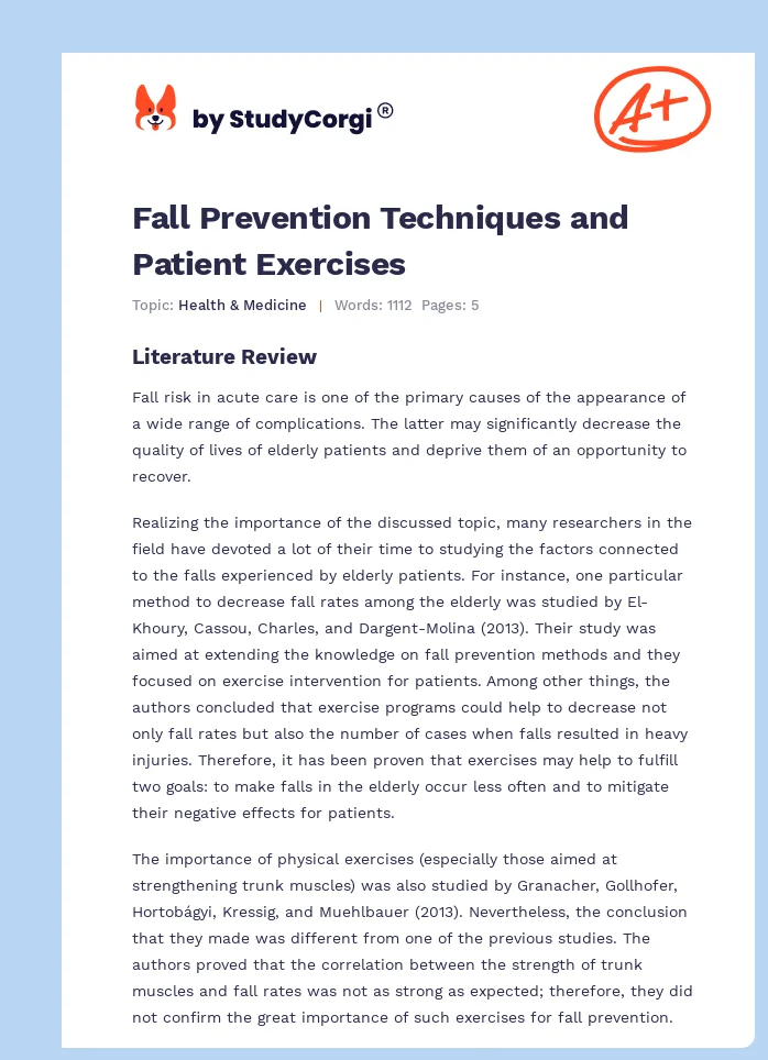 Fall Prevention Techniques and Patient Exercises. Page 1