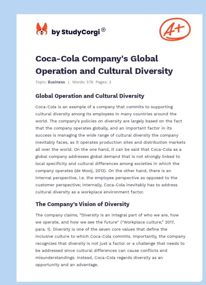 Coca-Cola Company's Global Operation and Cultural Diversity. Page 1