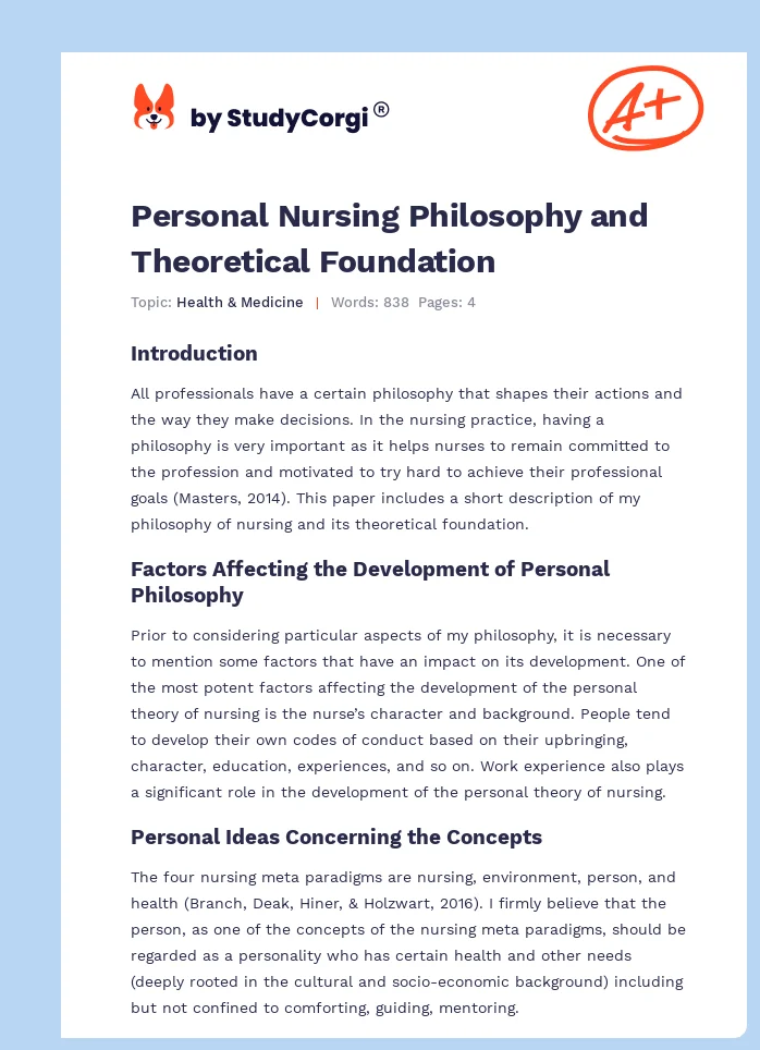 Personal Nursing Philosophy and Theoretical Foundation. Page 1