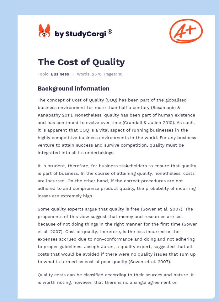 The Cost of Quality. Page 1