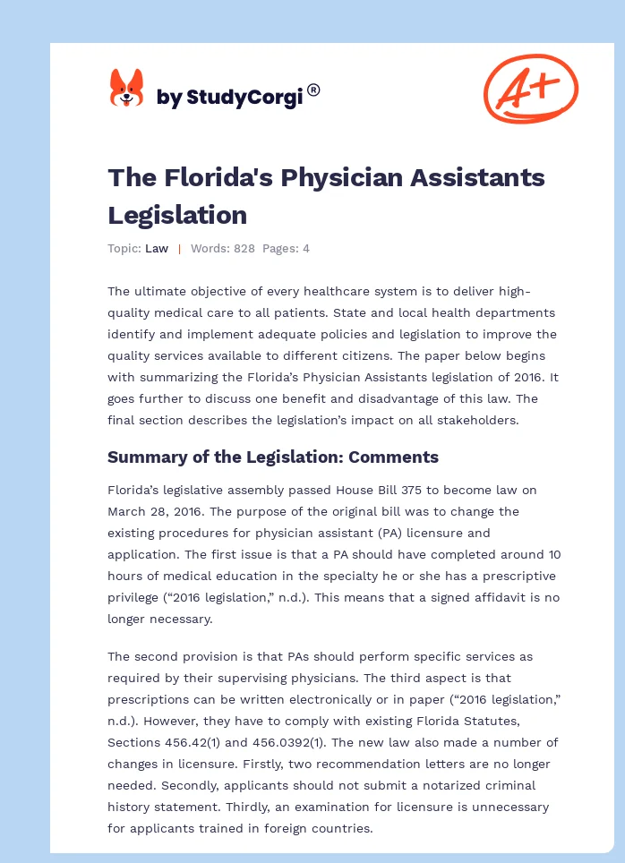 The Florida's Physician Assistants Legislation. Page 1