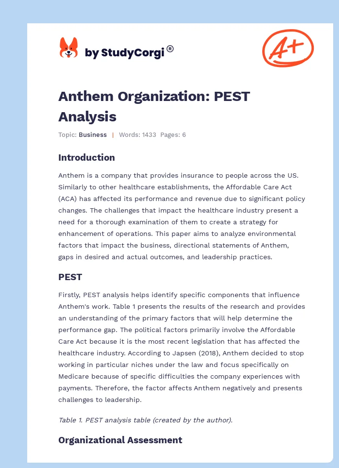 Anthem Organization: PEST Analysis. Page 1